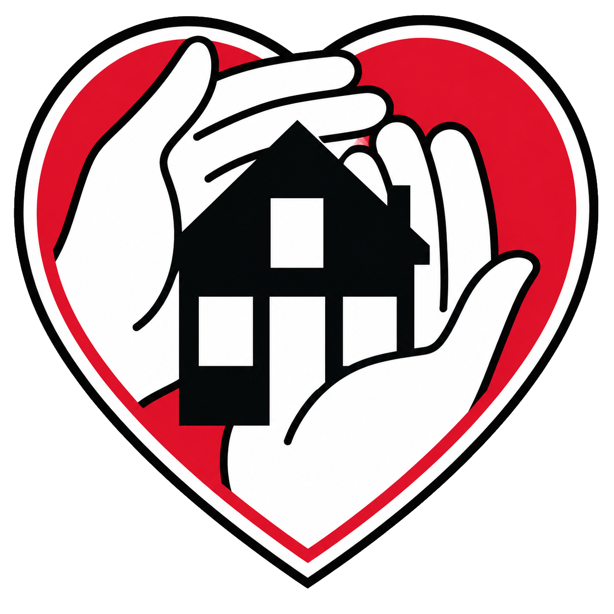 RSDO Training care and support logo featuring protective hands holding a house inside a red heart symbolising safety, care and support services