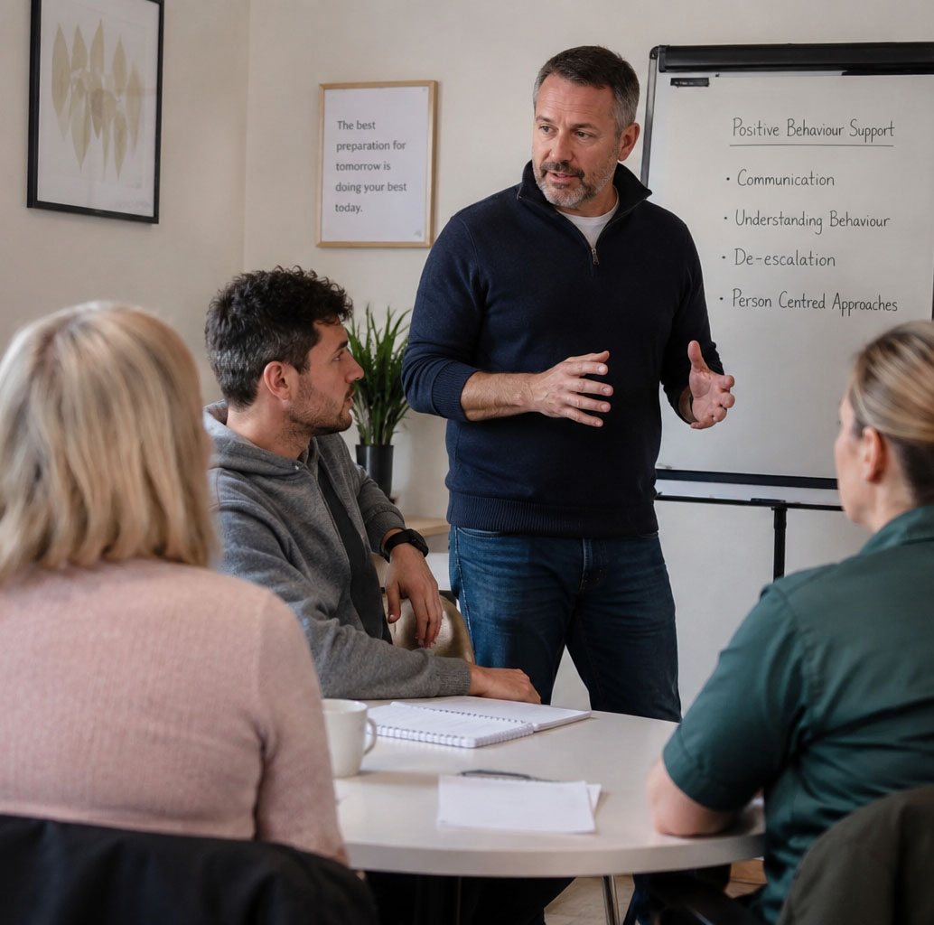 Trainer delivering practical positive behaviour support training to care and support staff